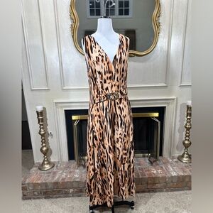 Liz Lange XL Animal Print Maxi Dress Belted Sleeveless Stretch V-Neck